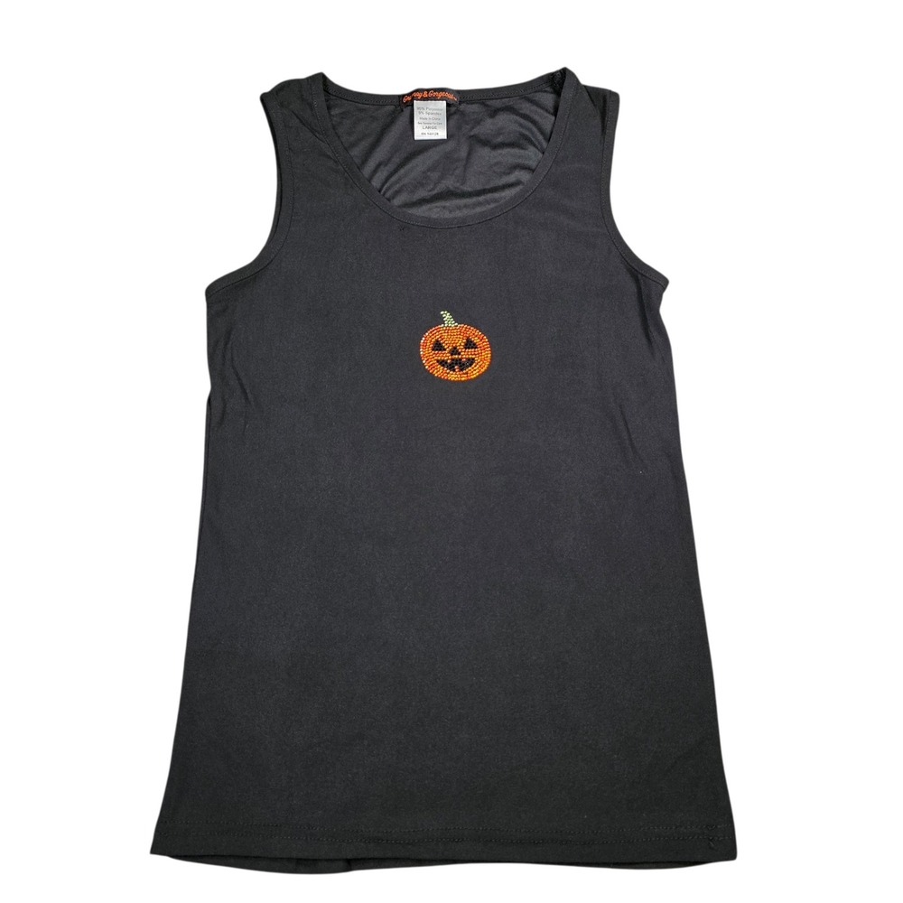 Grumpy & Gorgeous Womens Halloween Pumpkin Rhinestone Tank Top Black Large NWT
